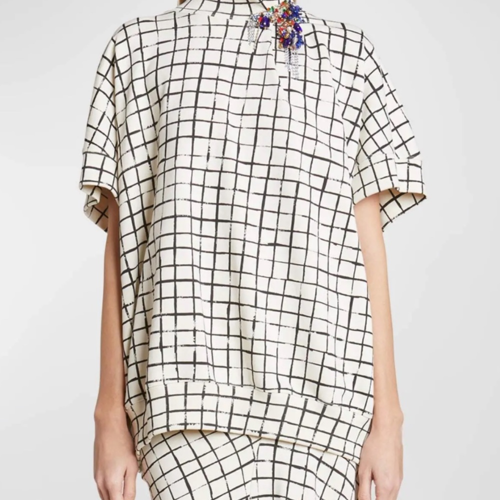 Dries Van Noten Halovara Grid Print Blouse Sweatshirt with Rhinestone Details - Picture 9 of 15